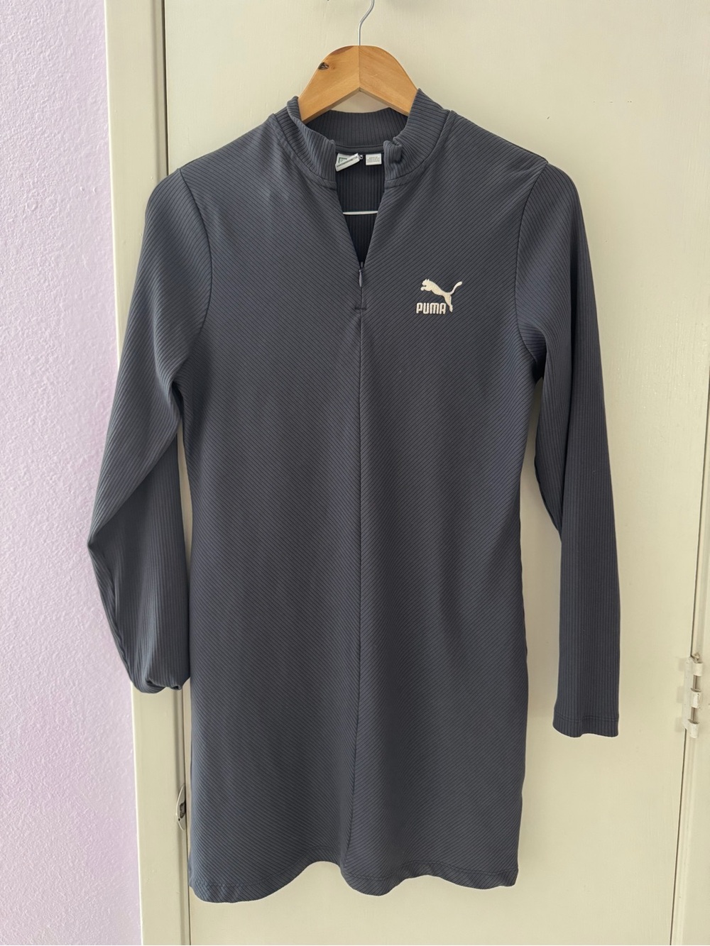 PUMA Discontinued Classics Long Sleeve Gray Zip-Front Ribbed Dress